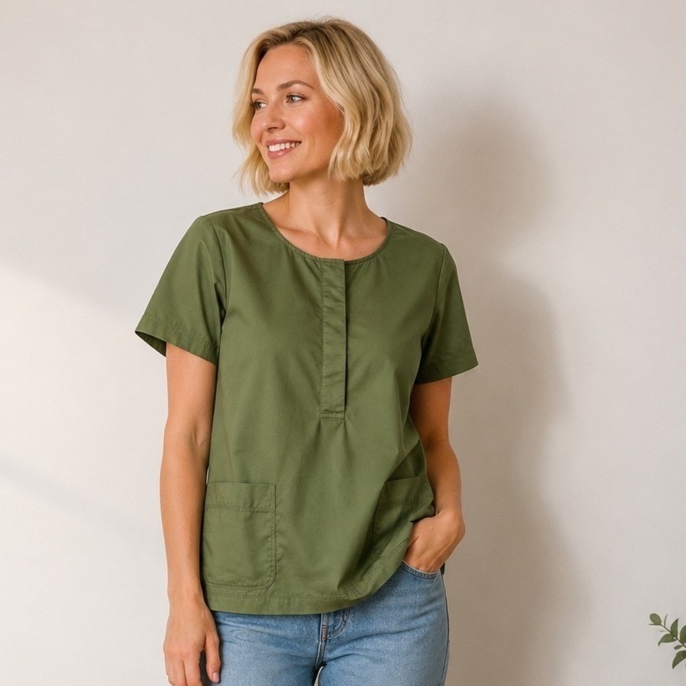 J.Crew Cotton Popover Top Pockets Olive Green Small